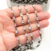 White Moonstone Round Shape Bezel Oxidized Wire Chain.